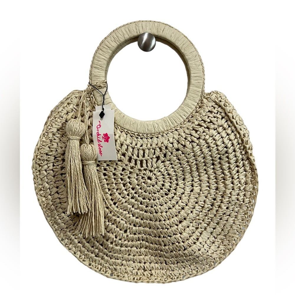 Orchid Love Round Straw Bag with Tassel Detail